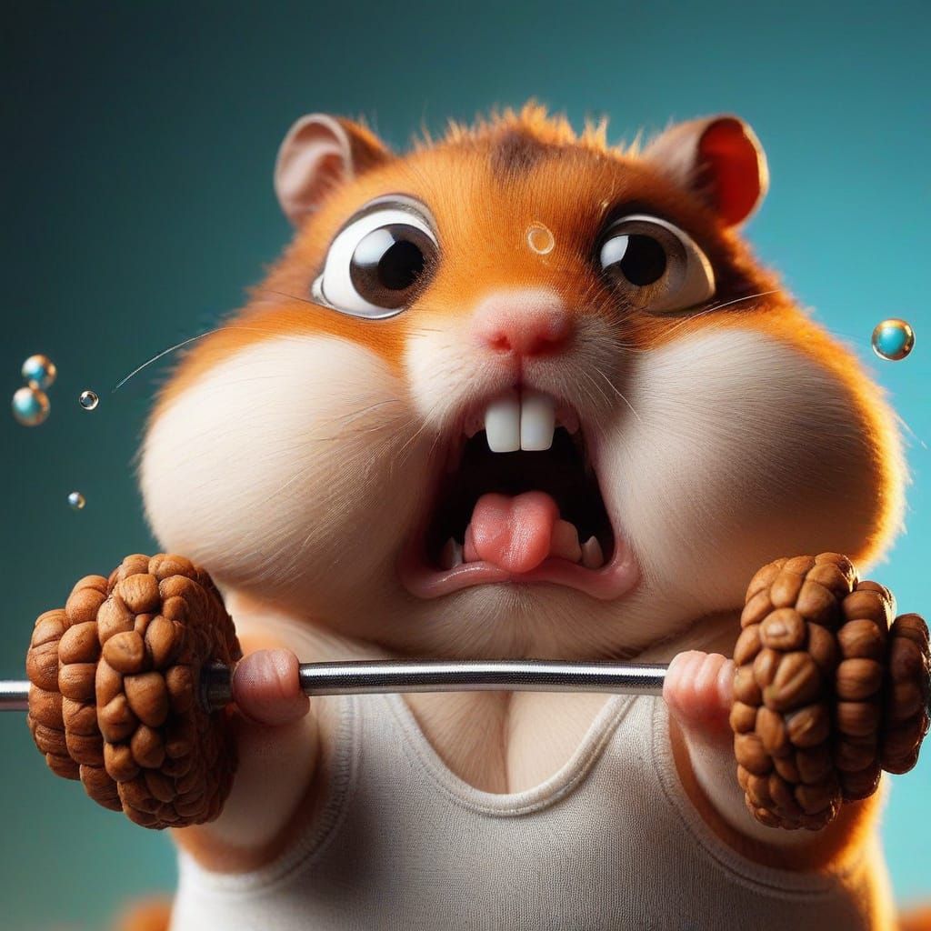 Hamster's Tiny Workout: Macro Photo of Acorn Barbell Lift