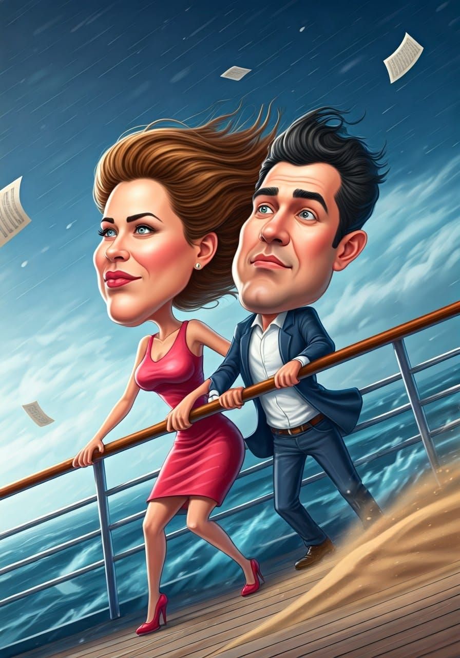 Cartoon Couple vs Hurricane Winds on Yacht