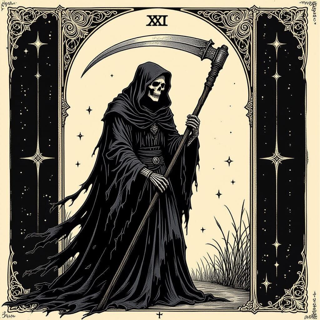 Grim Reaper Tarot Card in Cross-Hatch Style