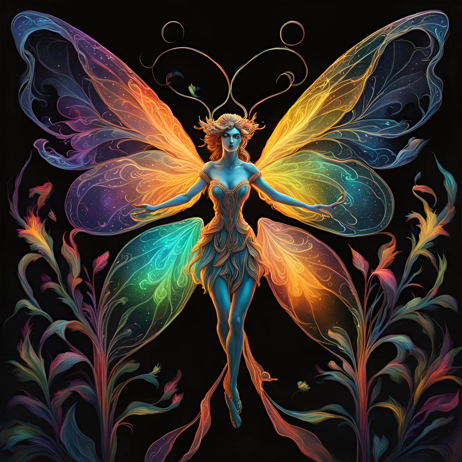 Art nouveau, Prismatic neon painted on black velvet, fantasy...