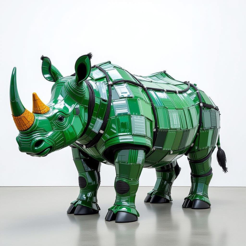 Rhinoceros Sculpture Crafted from Recycled Plastic Bottles