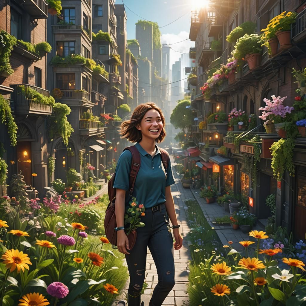 Radiant Cityscape with Flowers, Sunshine, and Smiles