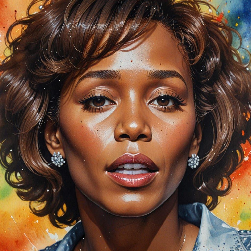 Whitney Houston Portrait in Eerie Watercolor Style