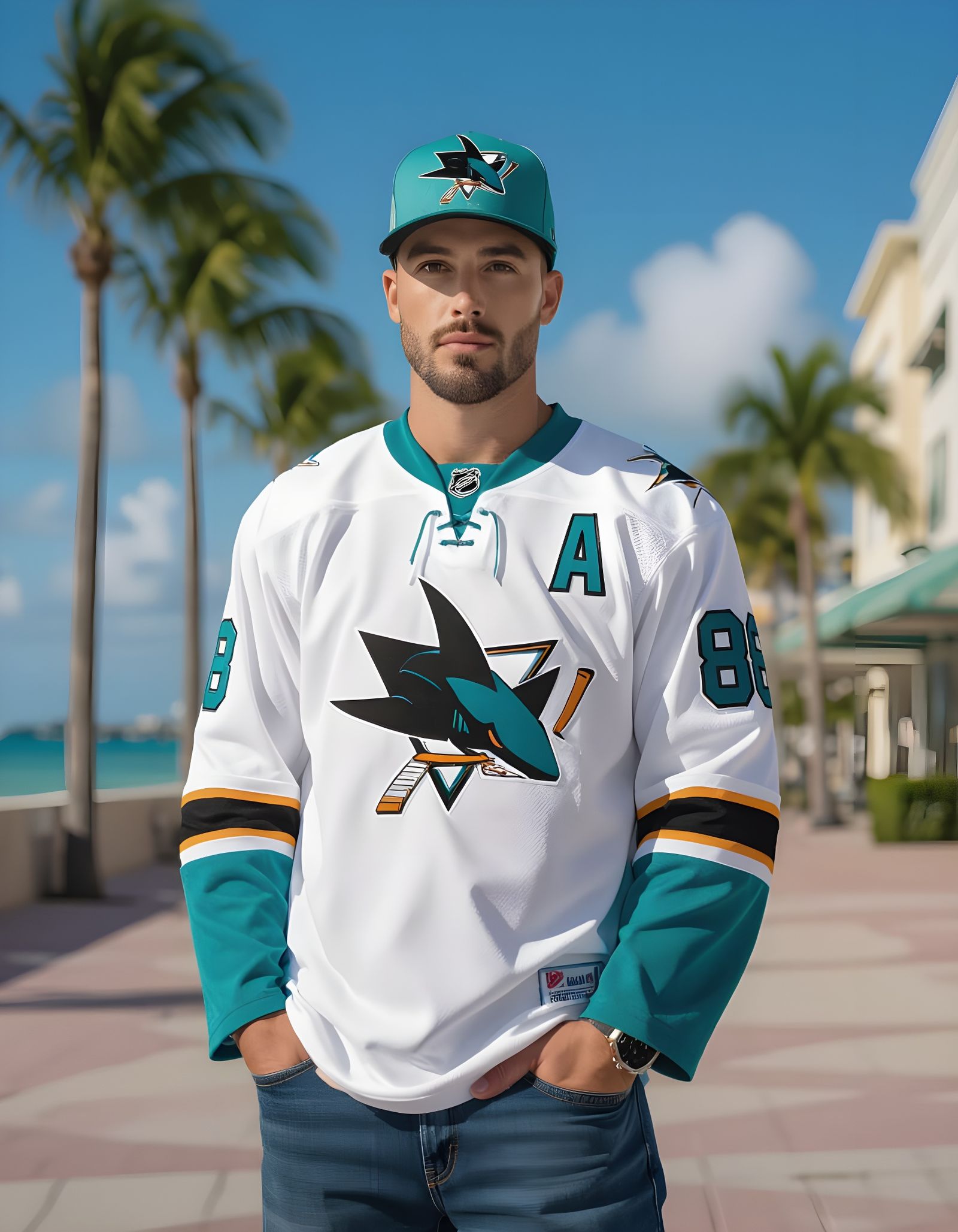 Man in Sharks Gear on Sunny Miami Day