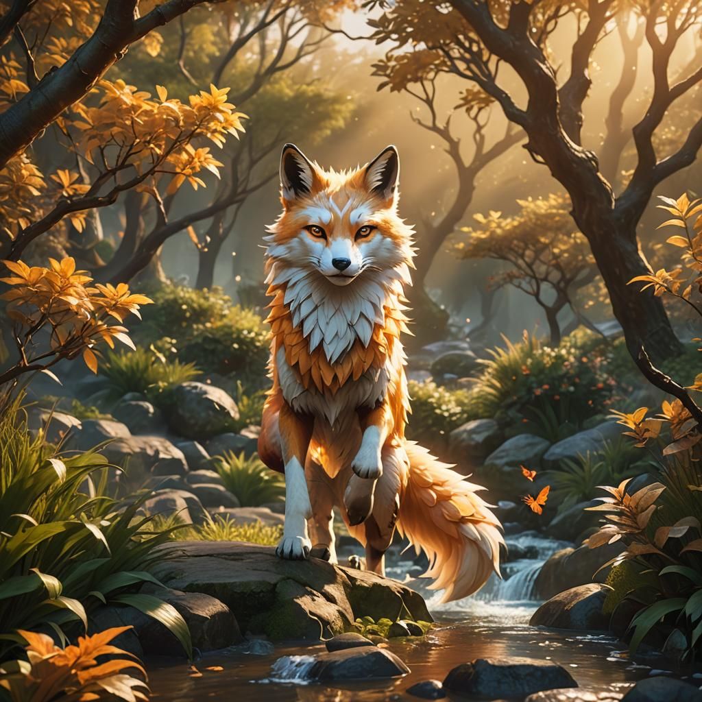 Nine-Tailed Kitsune Leaping Through Forest in Golden Hour