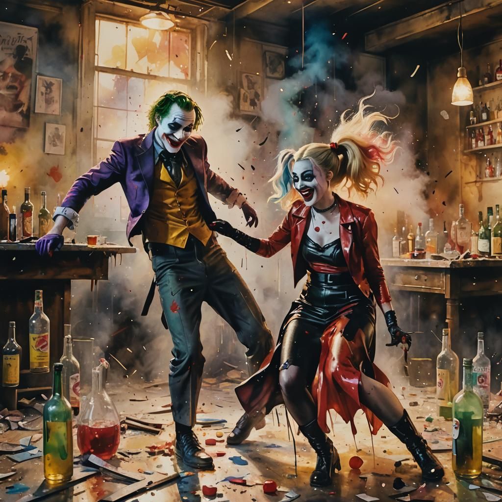 Joker and Harley Quinn: Expressive Watercolour Oil Painting