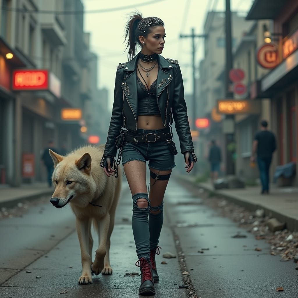 Punk Rock Lady and Wolf in Apocalyptic Street