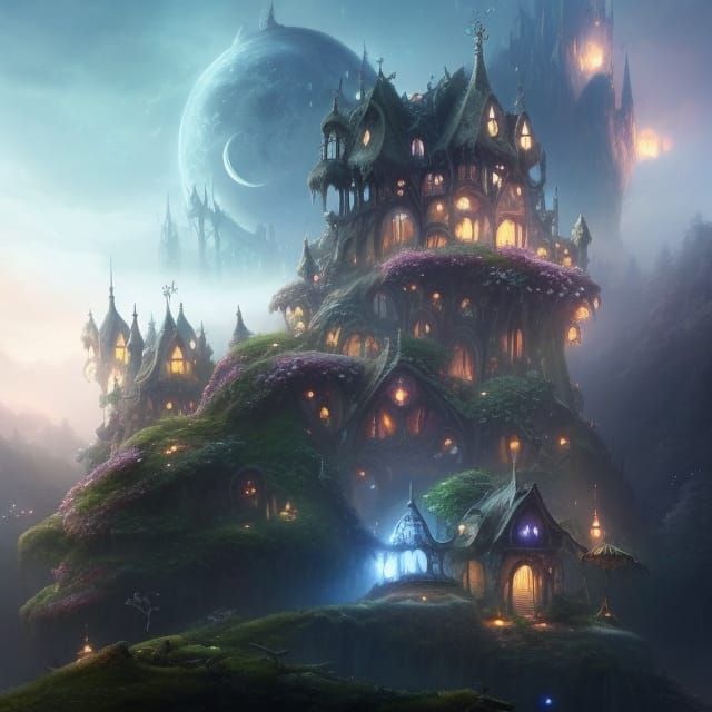 Magical City in Clouds with Fairy Houses