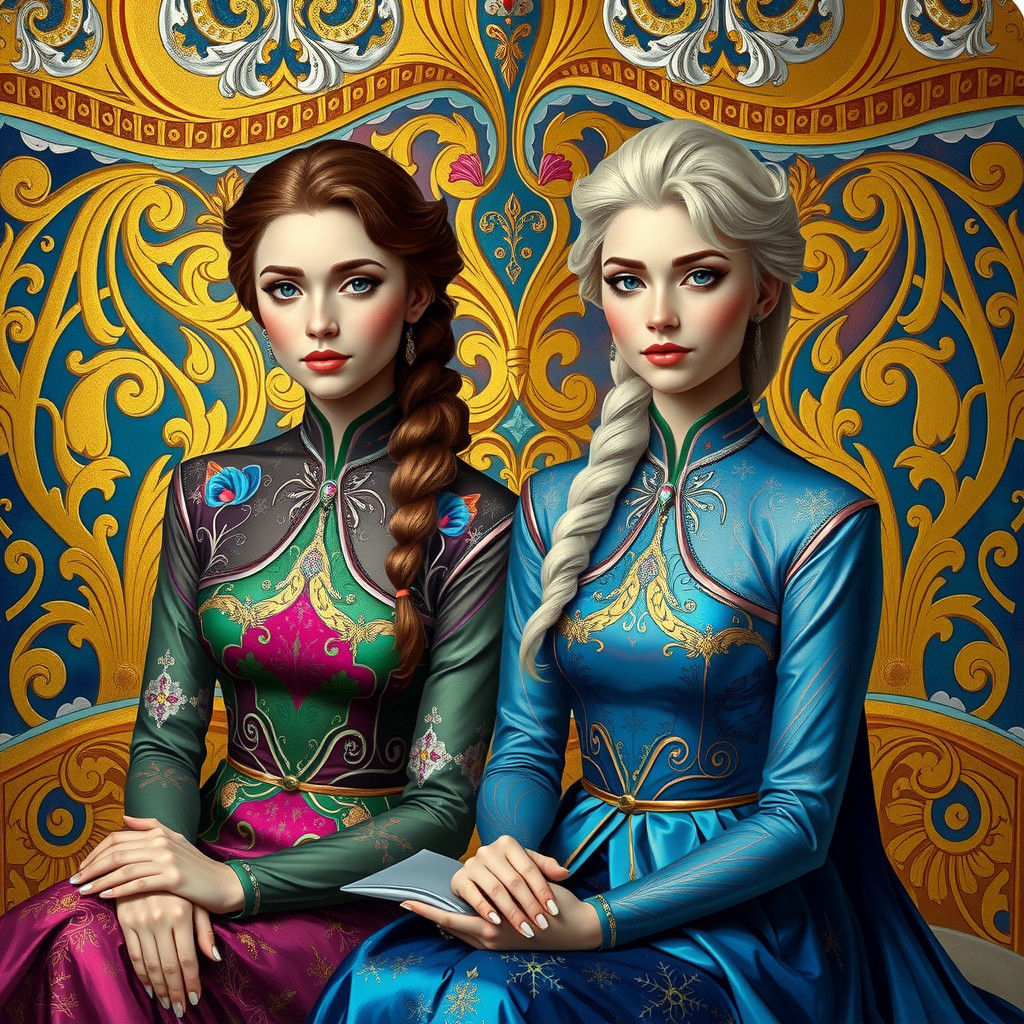 Elegant Sisters: Art Nouveau Cubist Portrait