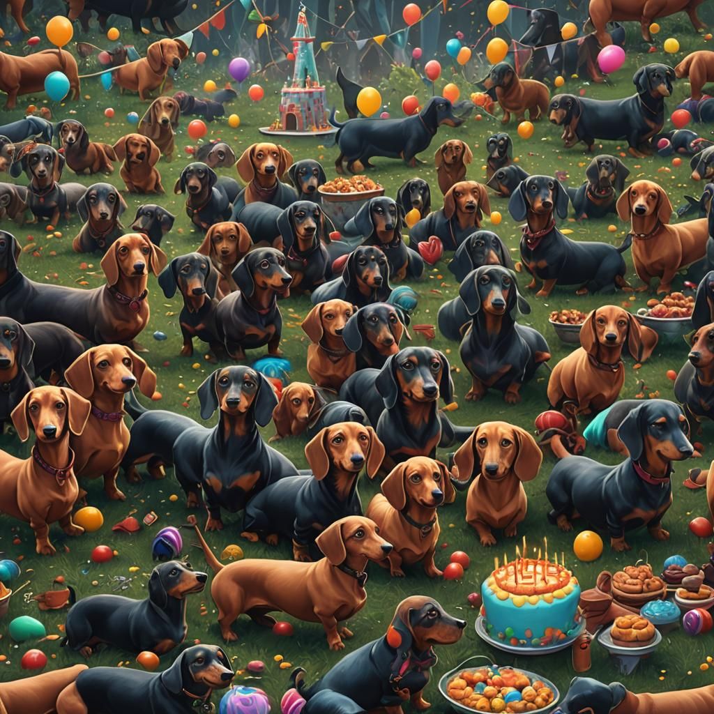 Fantastical Dachshund Party in Detailed Matte Painting