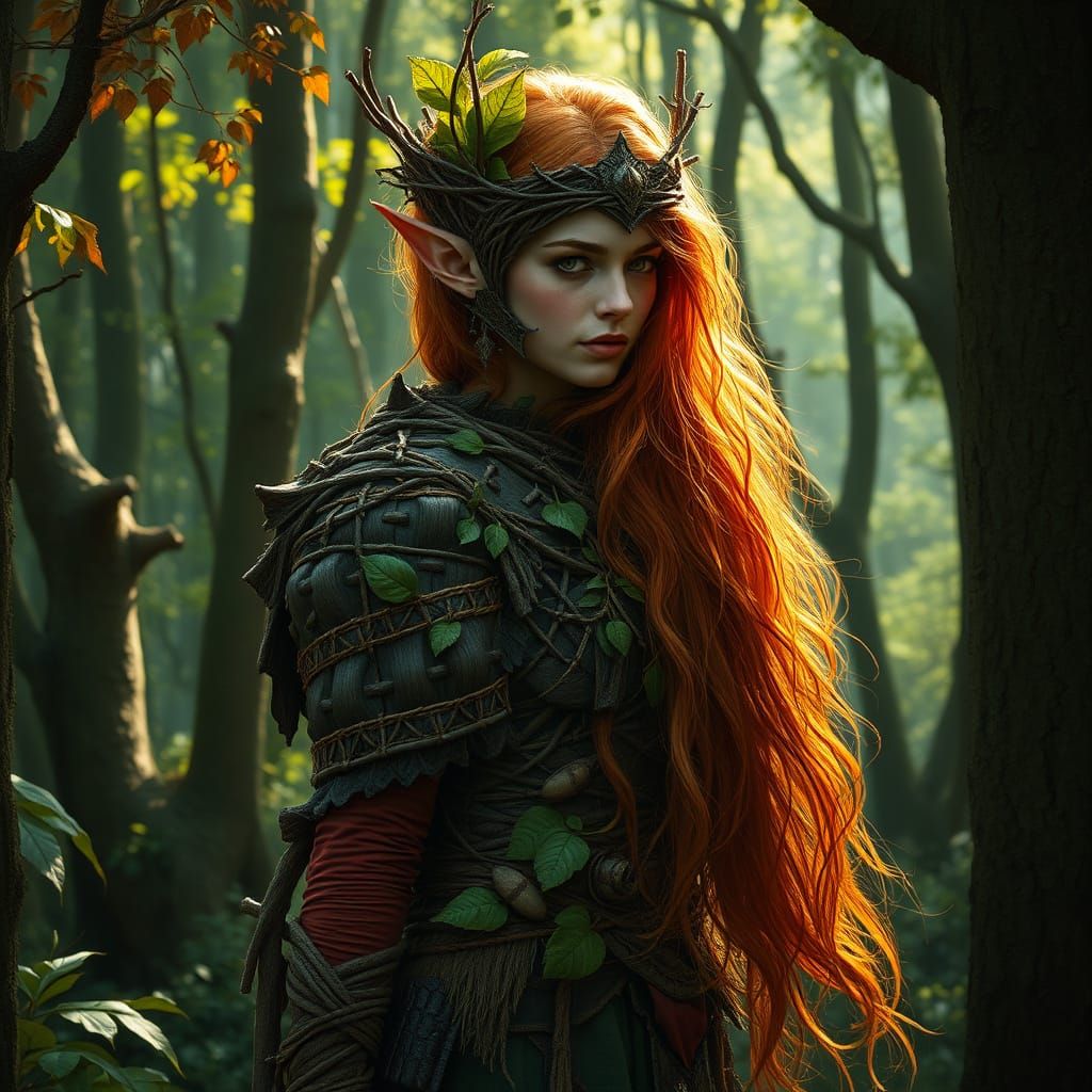 Regal Wood Elf Druid in Living Armor of Twigs and Leaves
