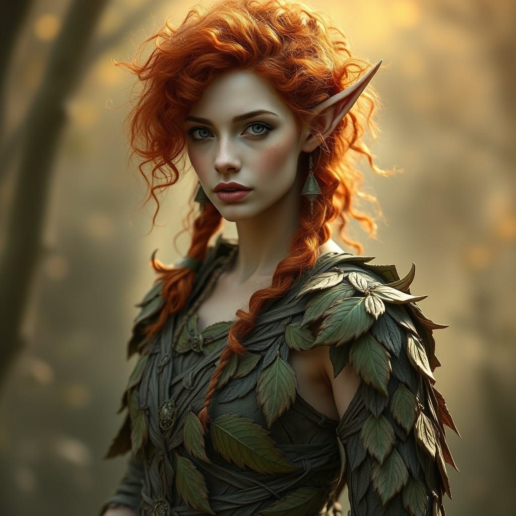 Woodland Druidess in Leafy Armor, Radiant with Mystical Ener...