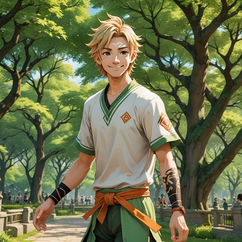 Smiling Airbender in Park: Detailed 3D Anime Art
