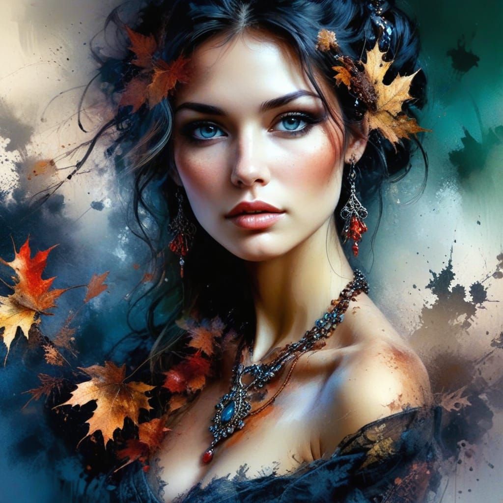 Elegant Autumn Goddess in Ornate Jewelry