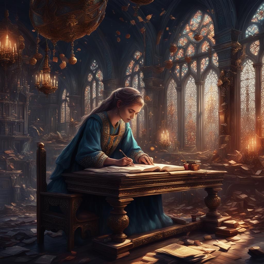 Elegant Scribe Girl in Detailed Matte Painting