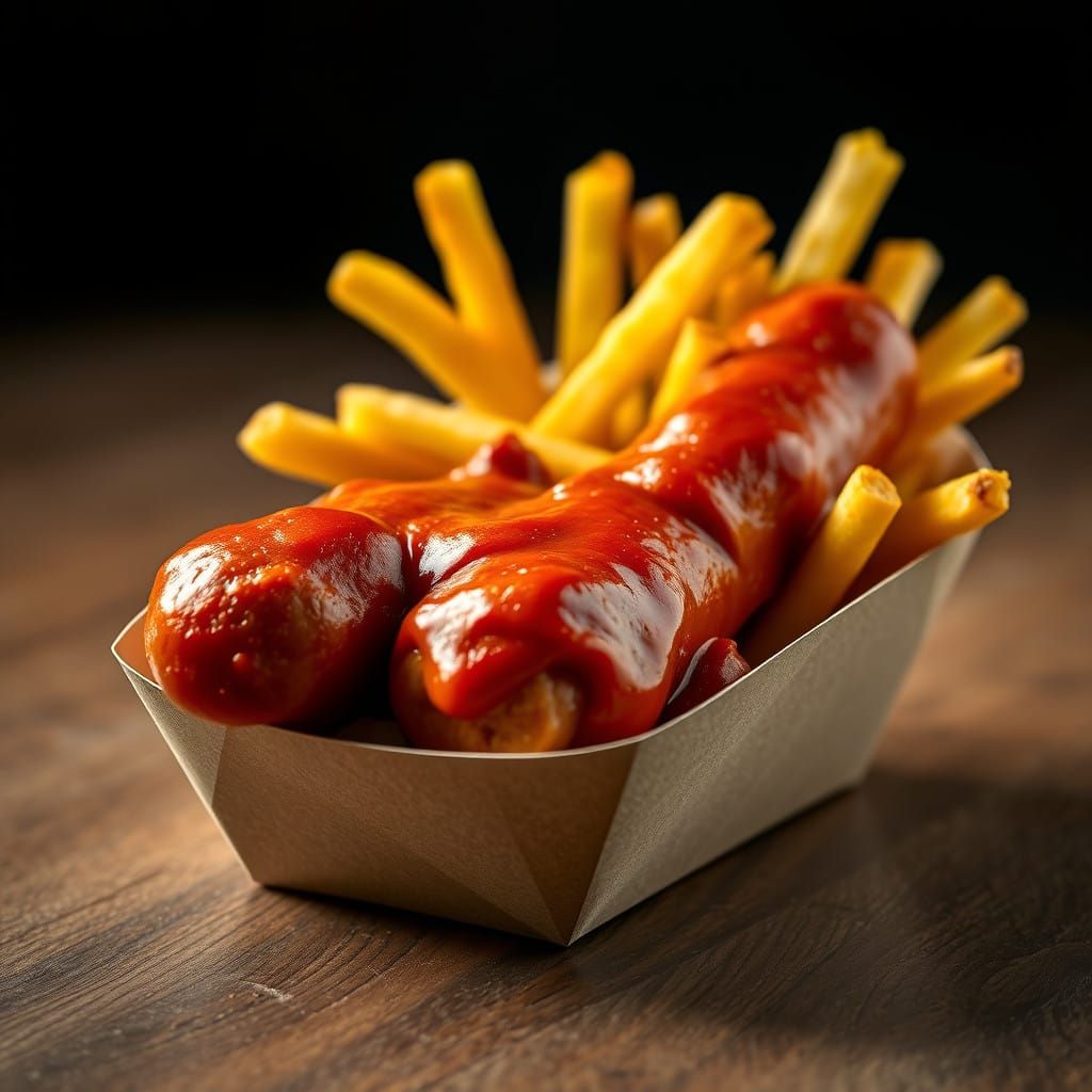 Surreal Currywurst in Paper Container with Golden Fries, Hyp...