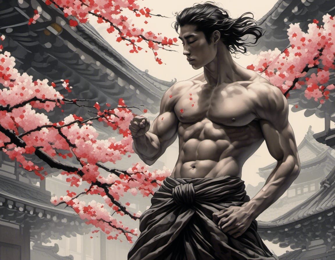 Ink Wash Painting of Dancer Under Cherry Tree