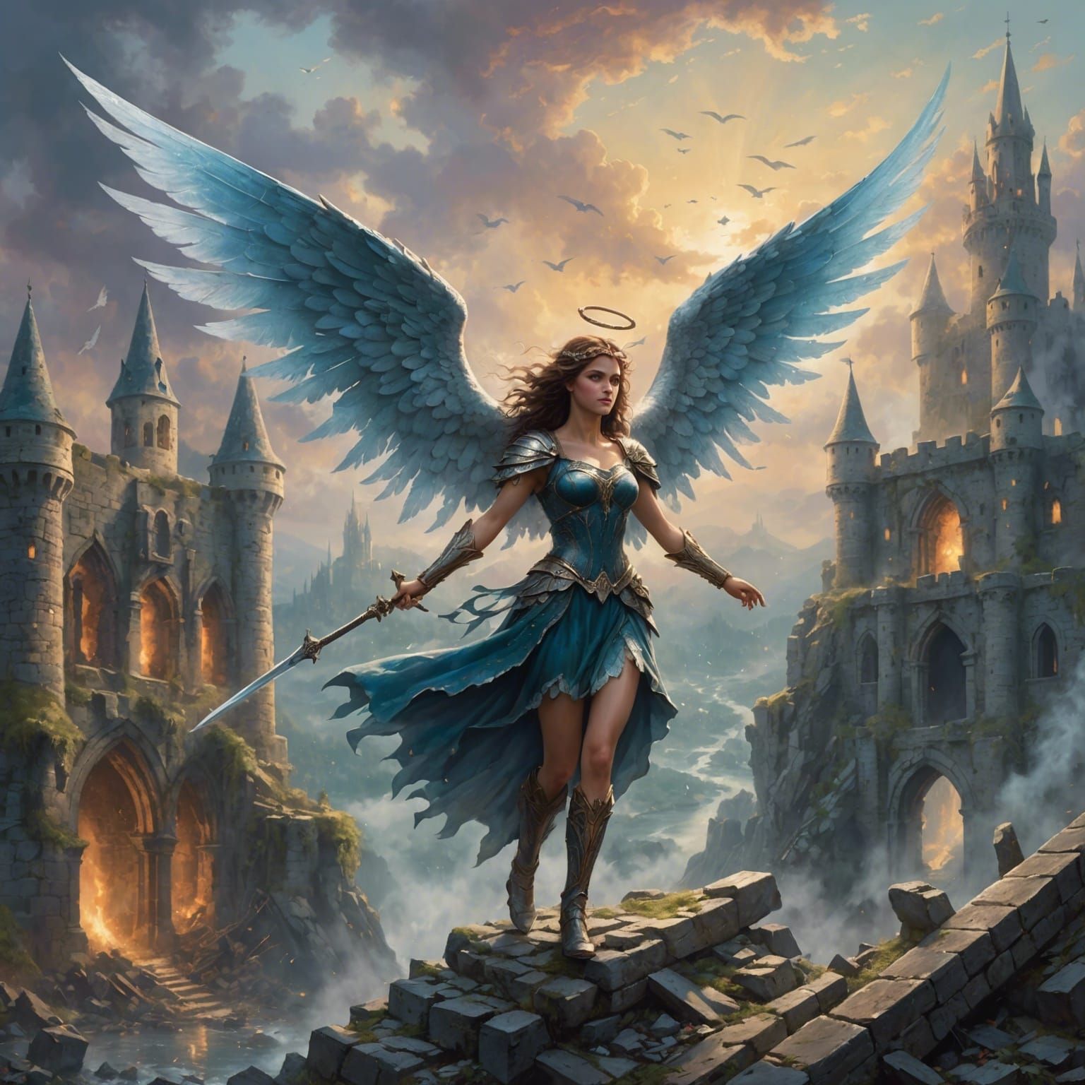 Fae Warrior with Angel Wings Over Destroyed Castle