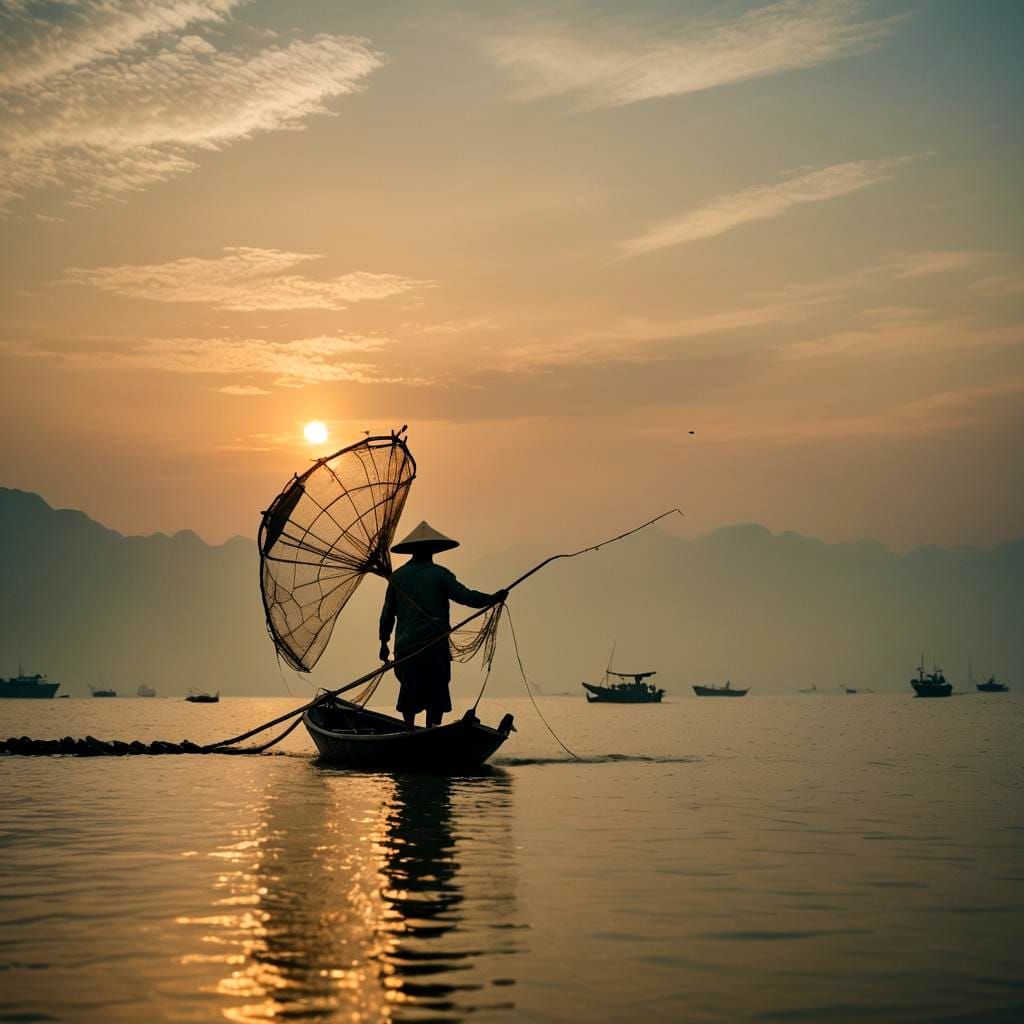 Vietnamese Fisherman Silhouette at Sunrise: Cinematic Film S...