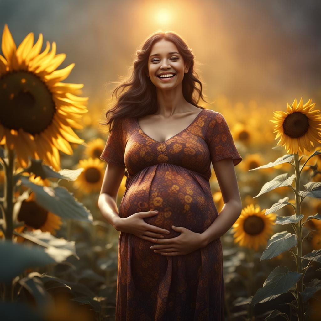 Radiant Pregnancy Photo in Sunflower Field, Matte Painting