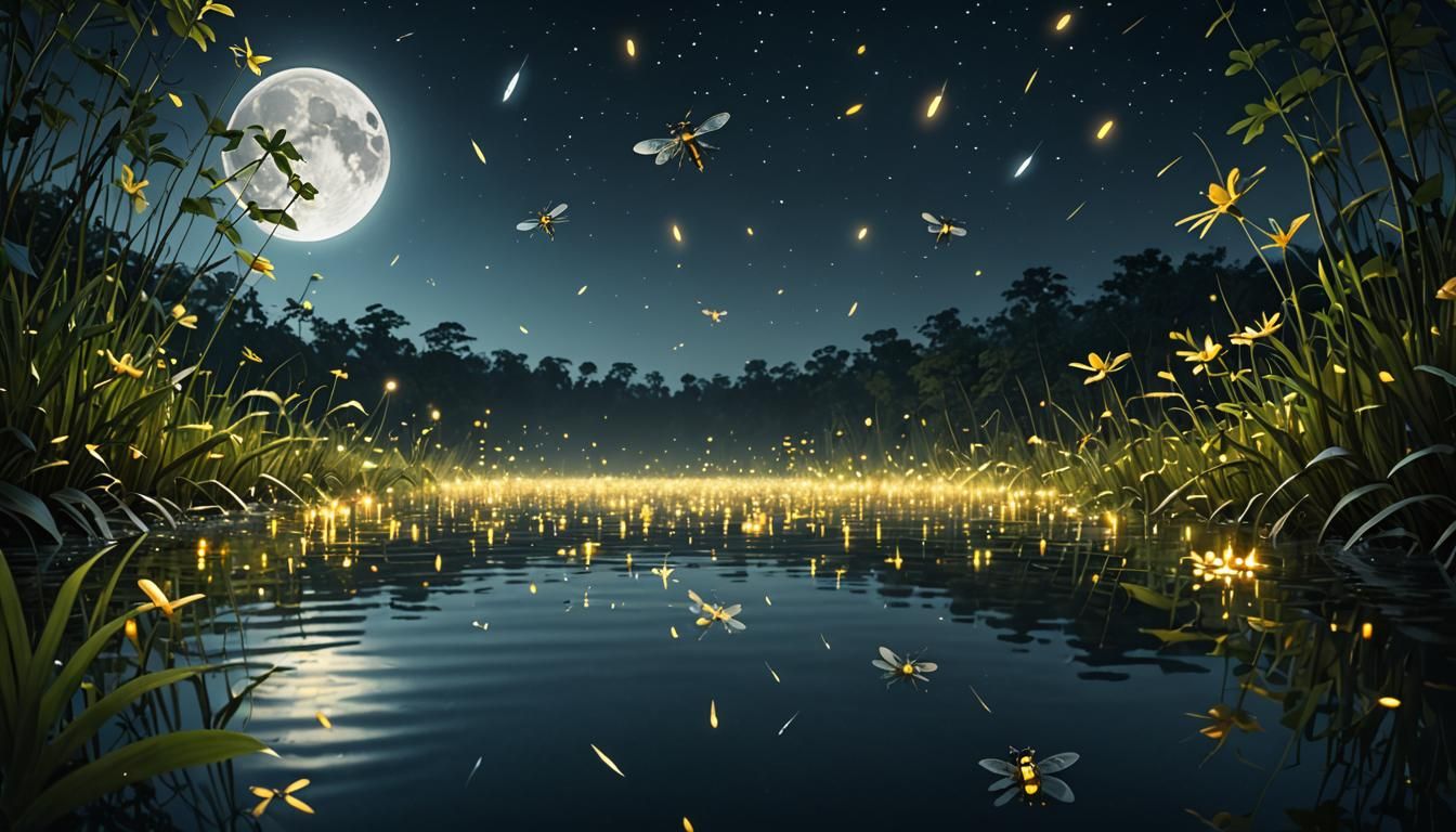 Moonlit Fireflies Shimmering on Water Surface