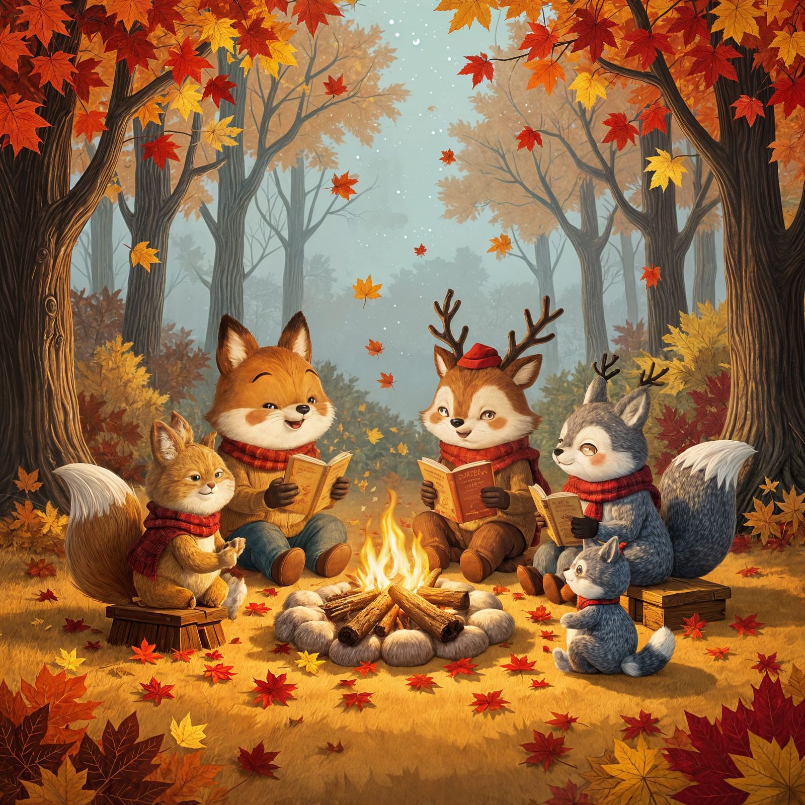 Woodland Creatures Gather by Bonfire in Whimsical Autumn Ill...