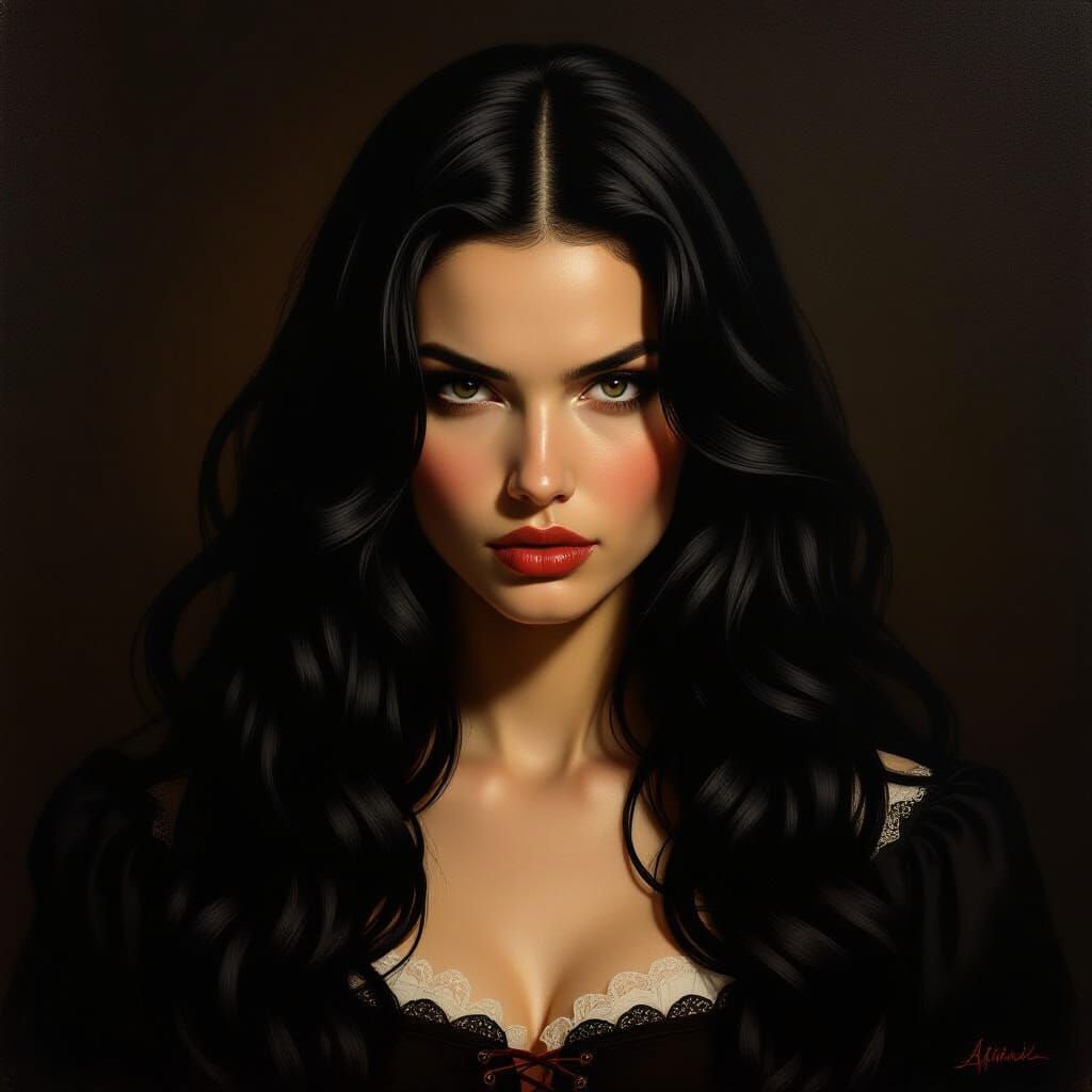 Moody Oil Portrait of a Woman with Voluminous Hair