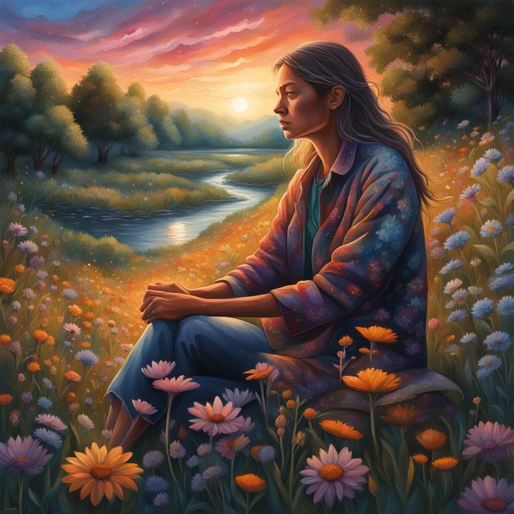 Woman and Animal Spirit Guide in Dusk Meadow
