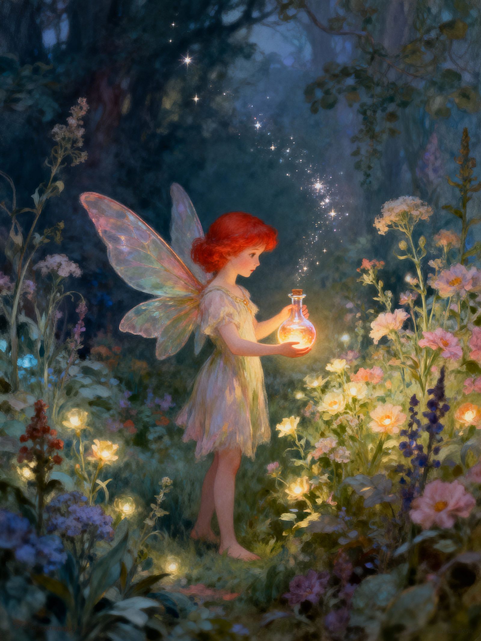 Red-Haired Fairy With Glowing Potion in Magical Garden