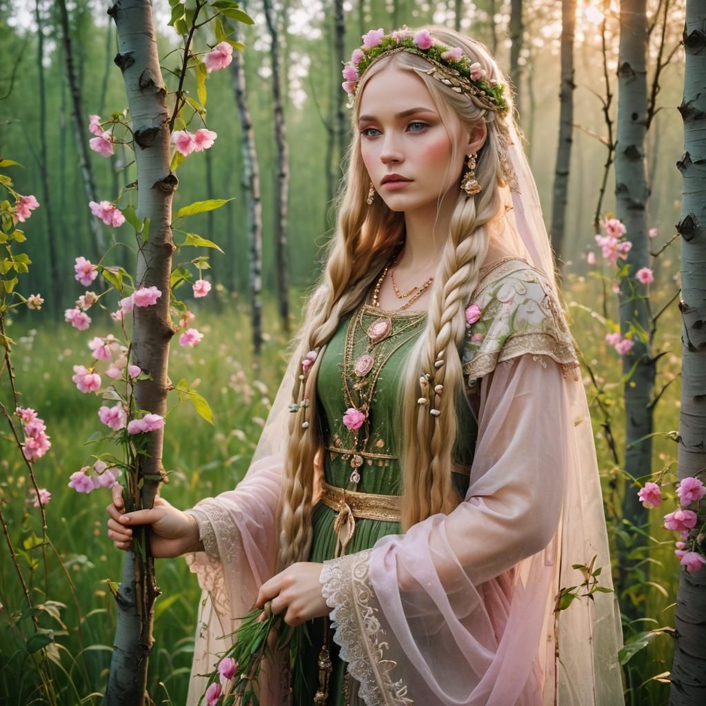 Girl with Braids in Misty Birch Forest