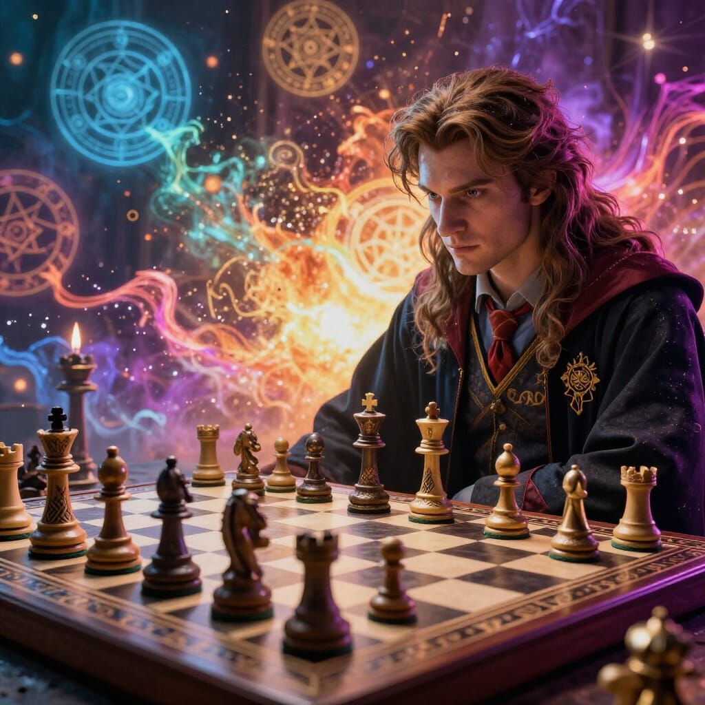 Wizarding Chess Game in Hyperrealistic Splash Art Style