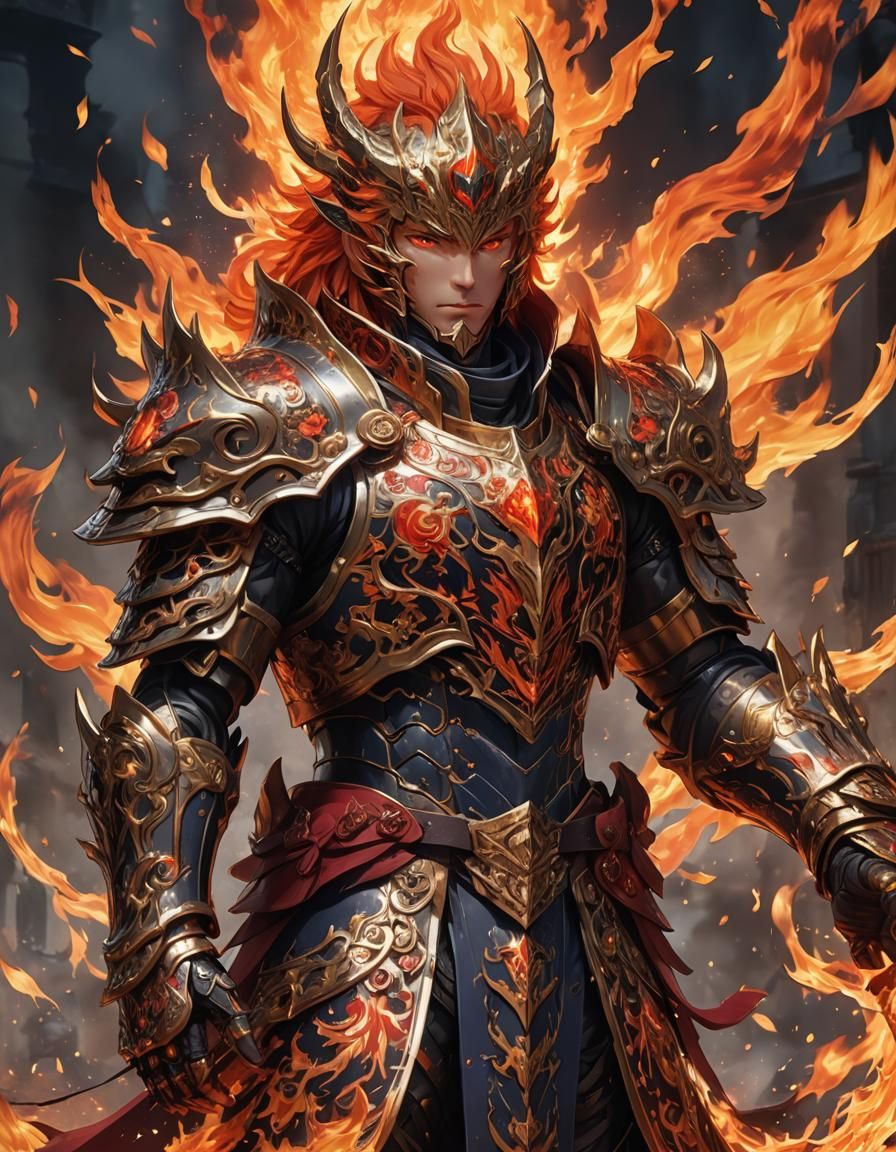 Fiery Anime Prince in Ornate Armor