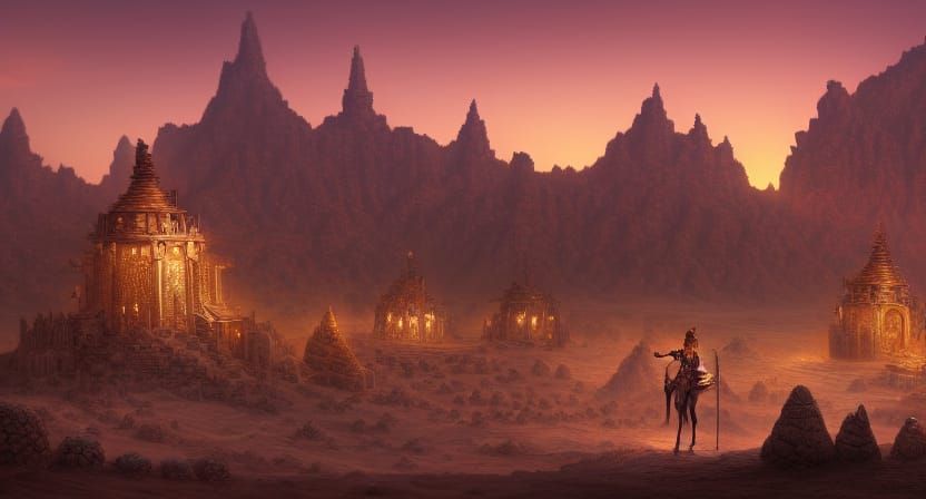 Fantastical Desert Village in Detailed Digital Matte Paintin...