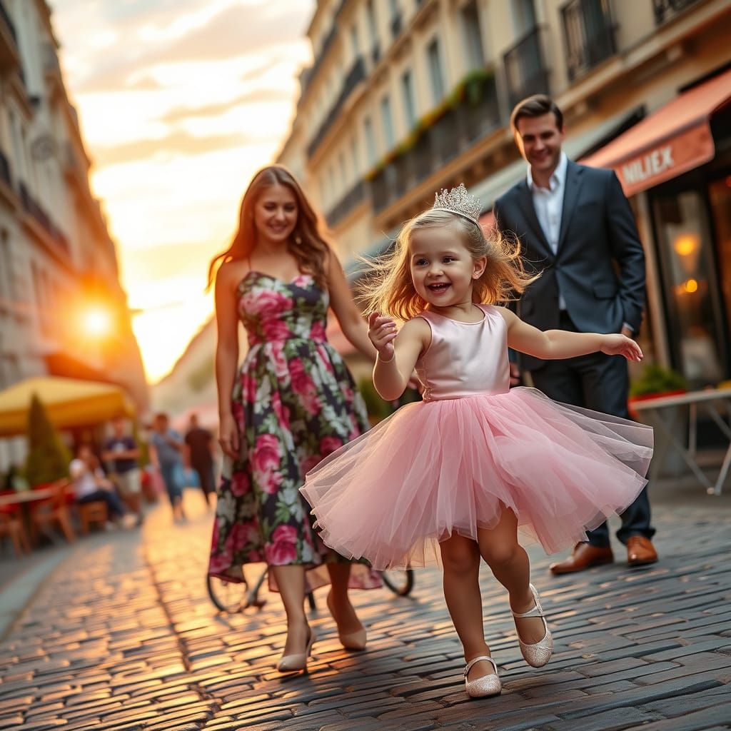 Young Girl Dances on Parisian Boulevard at Sunset