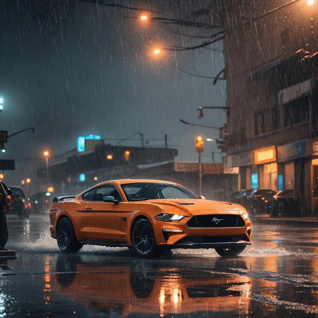 Orange Mustang in Rain: Neon-Accented Matte Painting