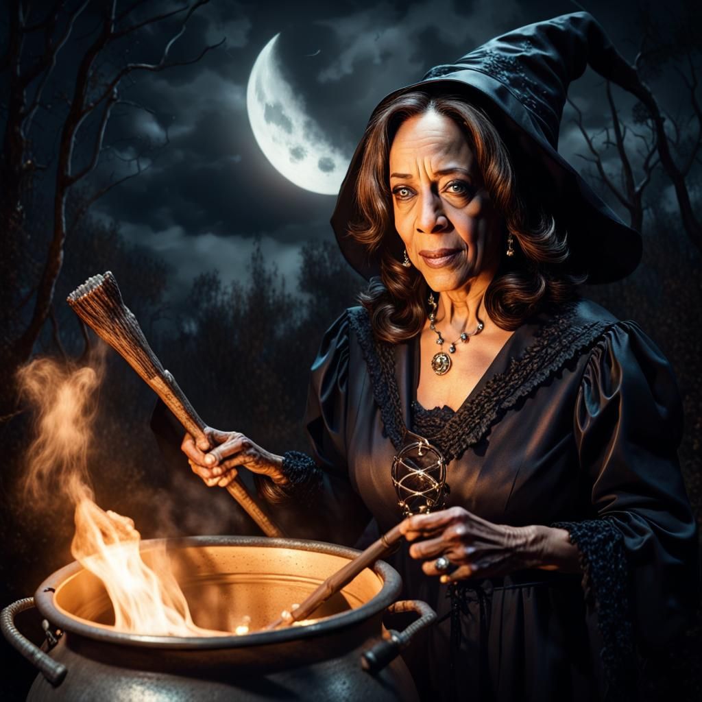 Dark Fantasy Witch Stirring Cauldron at Night