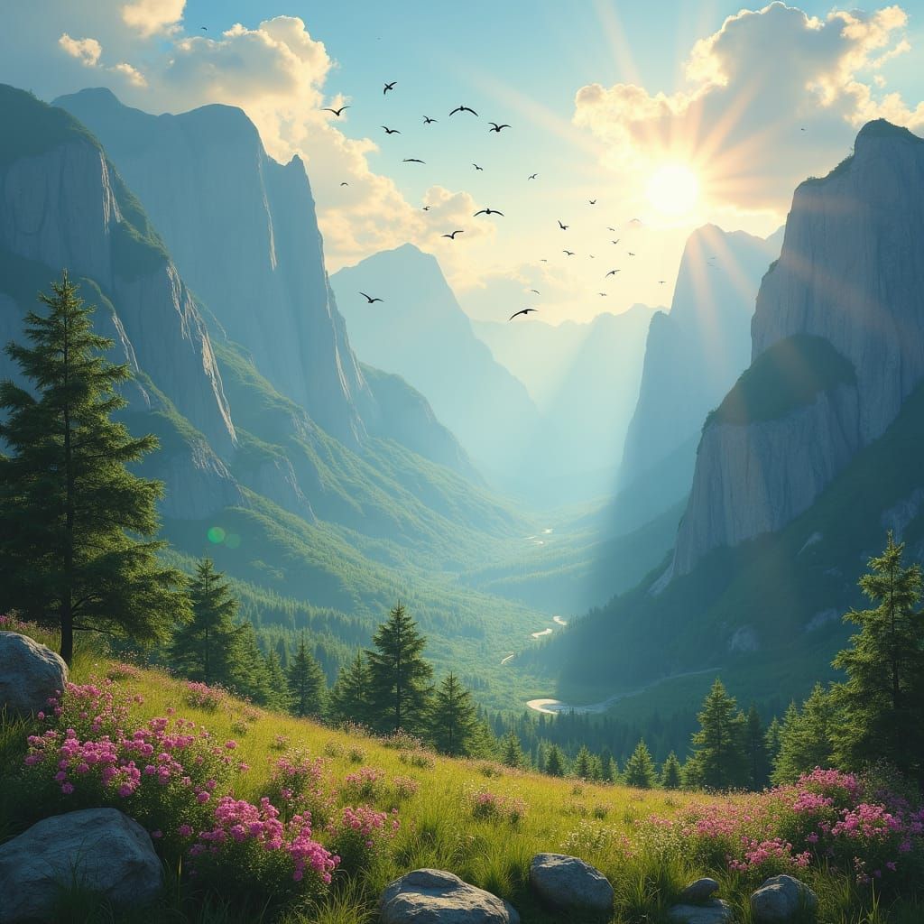 Sun-Kissed Mountain Landscape with Flowers and Birds