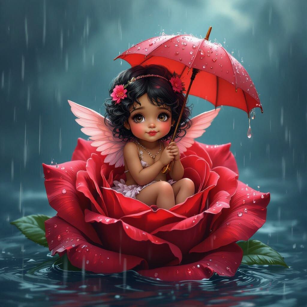 Pink-Haired Cupid in Rose During Stormy Downpour