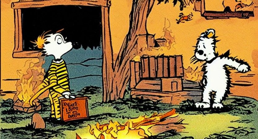 Calvin and Hobbes Burning Books at Night