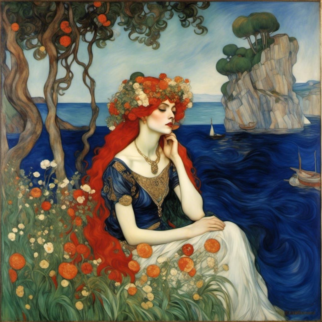 Harmonious Blend: Klimt, Renoir, Waterhouse, Botticelli Styl...