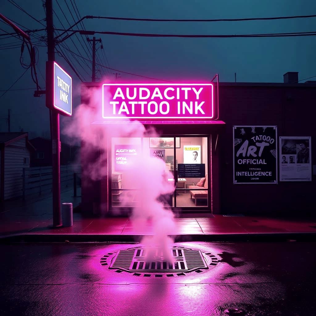 Neon Tattoo Parlor at Midnight in Cyberpunk Style