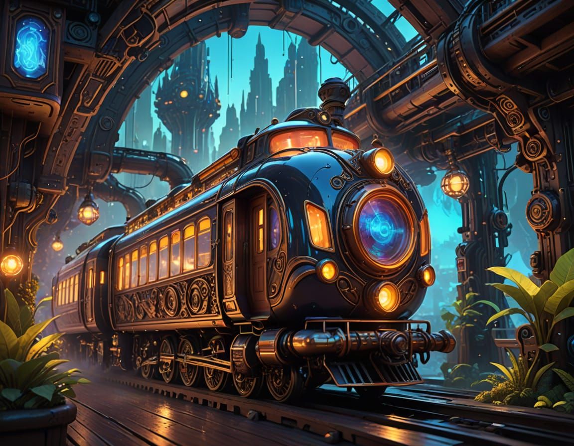 Whimsical Wooden Train Conquers Futuristic Skies