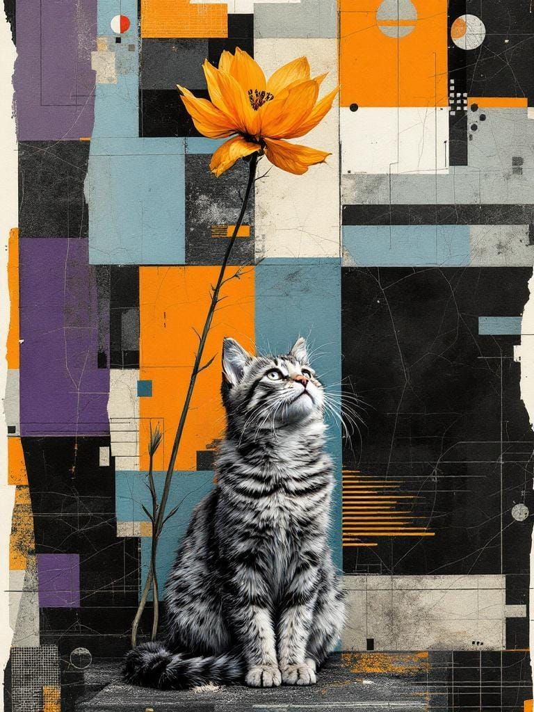 Cat Under Flower: Bauhaus-Inspired Mixed Media Collage