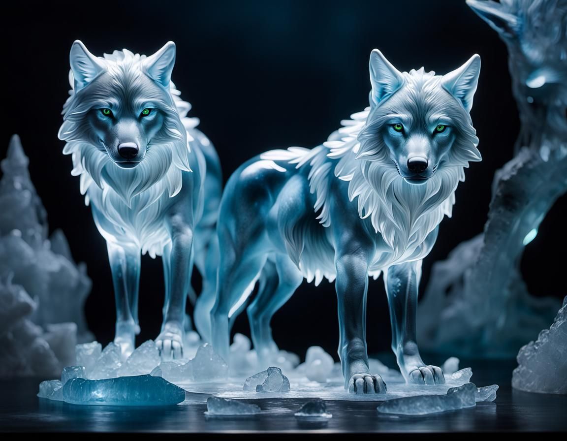 Crystal Ice Wolves in Bioluminescent Moonlight
