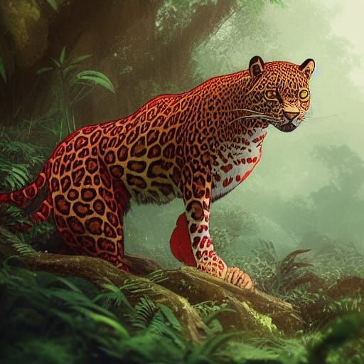 Red Leopard Hunting in Jungle, Anime Art Style