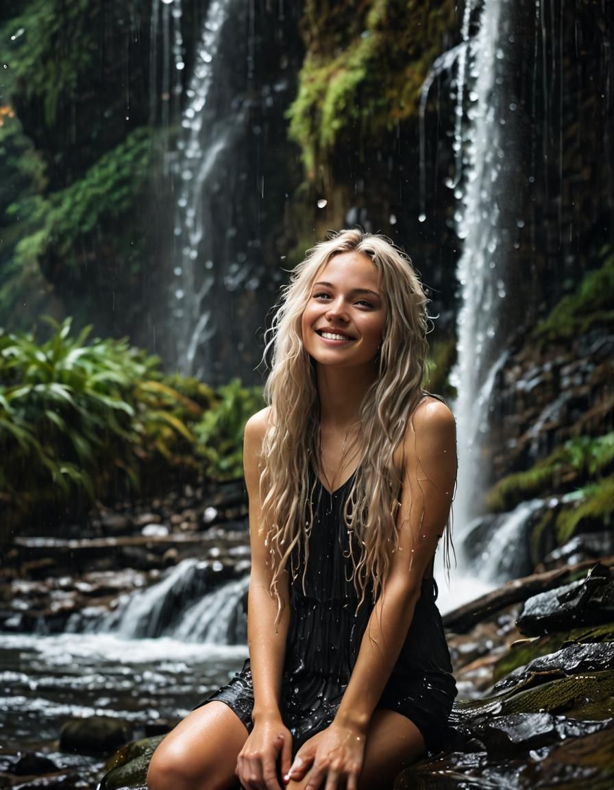 Enchanted Waterfall: A Beautiful Woman's Serene Moment