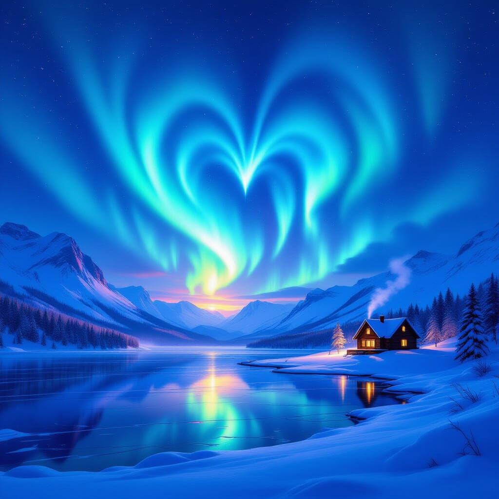 Northern Lights Over Snowy Mountains With Heart Aurora