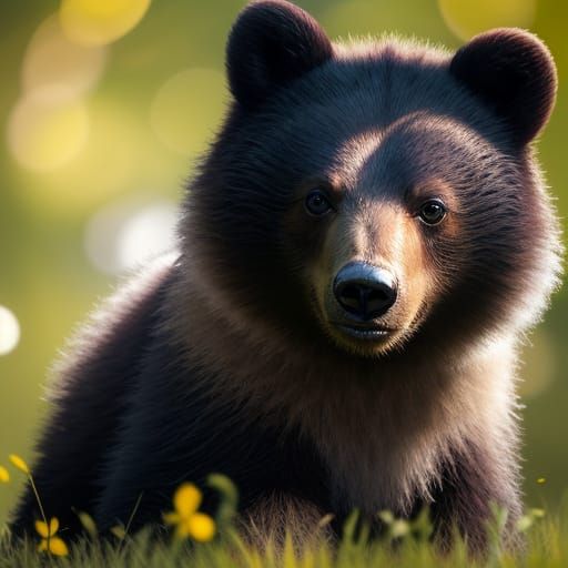 Playful Black Bear Cub with Yellow Eyes, Photorealistic