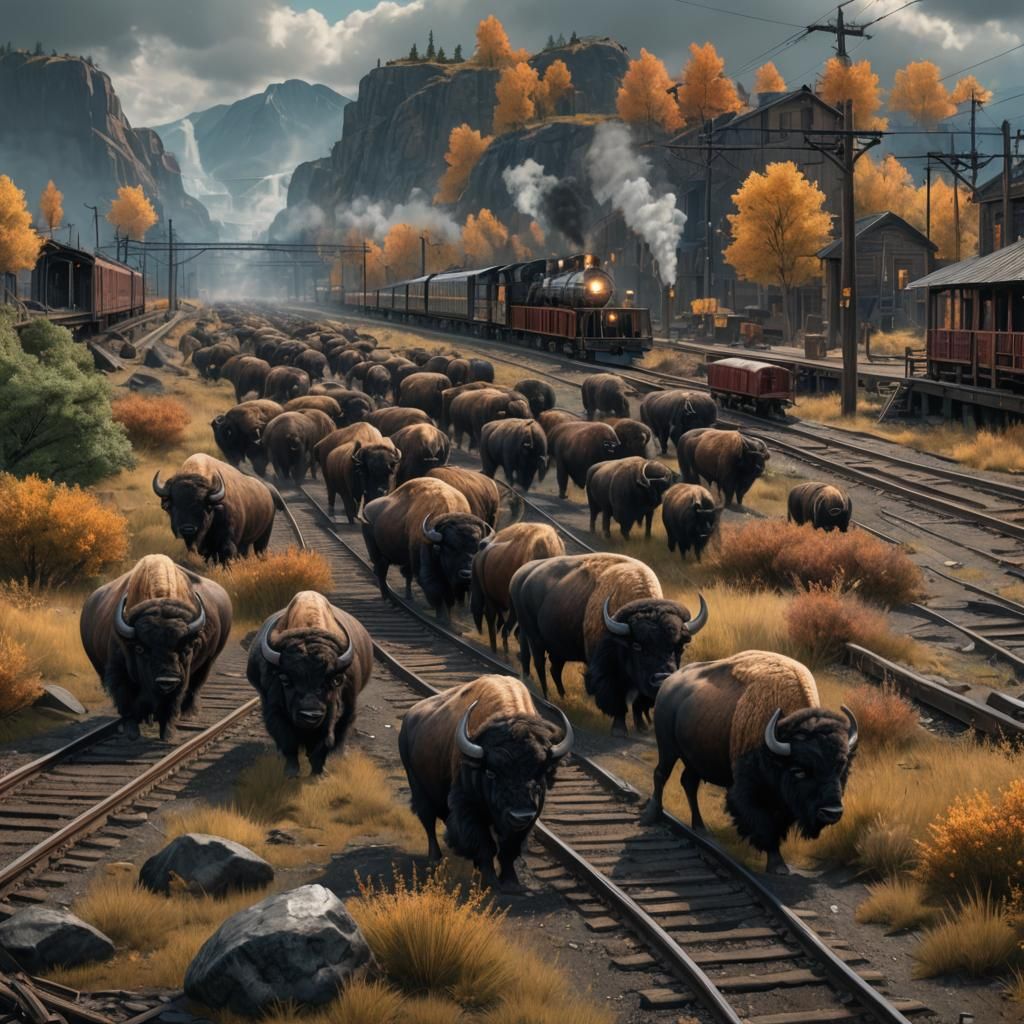 Buffalo Near Train Tracks: Detailed Matte Painting