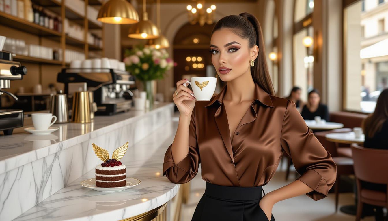 Elegant Woman Poses in Milan Café with Opera Cake